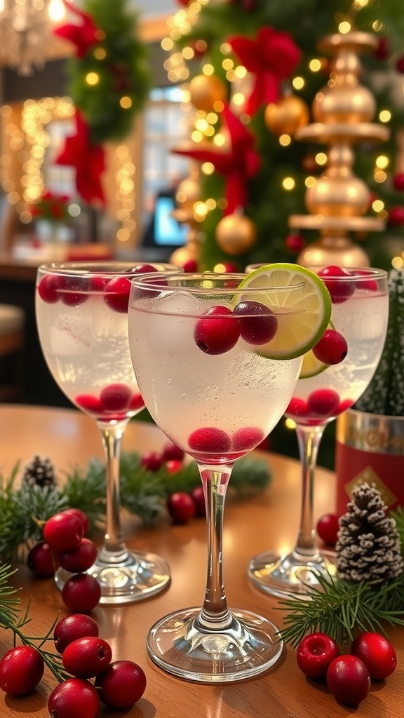 Light Christmas cocktails in elegant glasses with cranberries and lime, surrounded by holiday decorations.